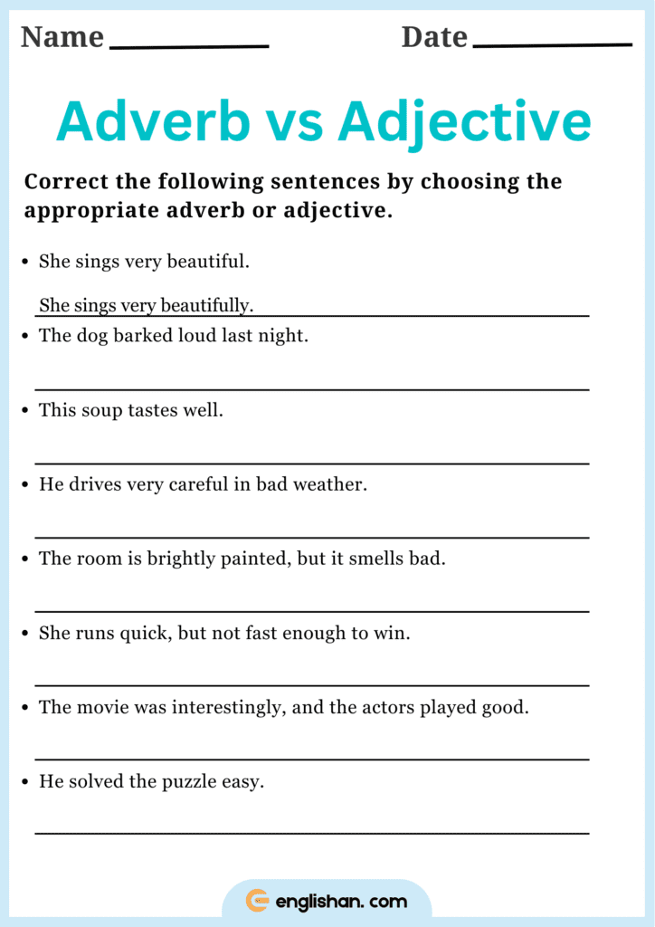 correct the following sentences by choosing appropriate adverb or adjective worksheet