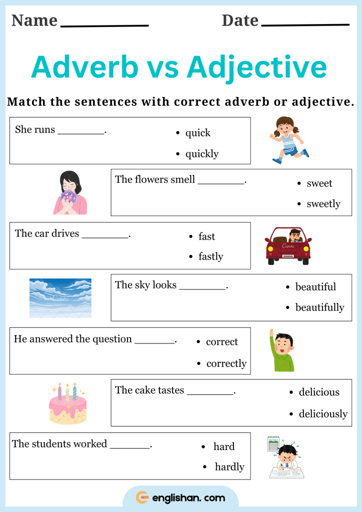 match the sentences with correct adverb or adjective worksheet