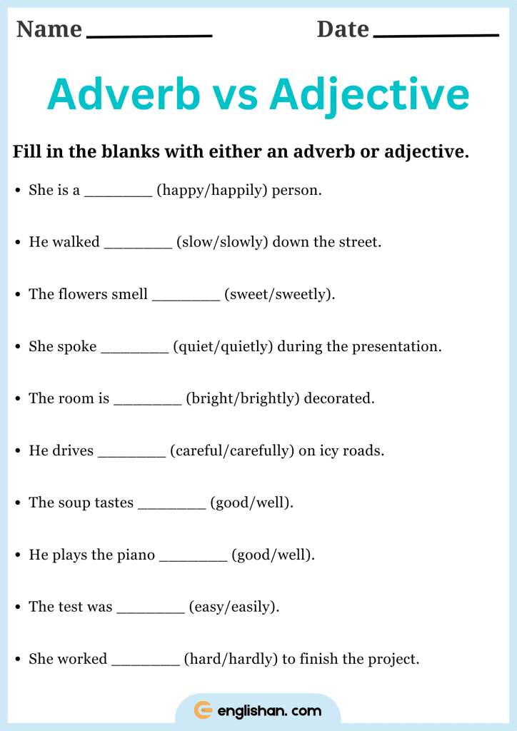 fill in the blanks with either an adverb or adjective worksheet