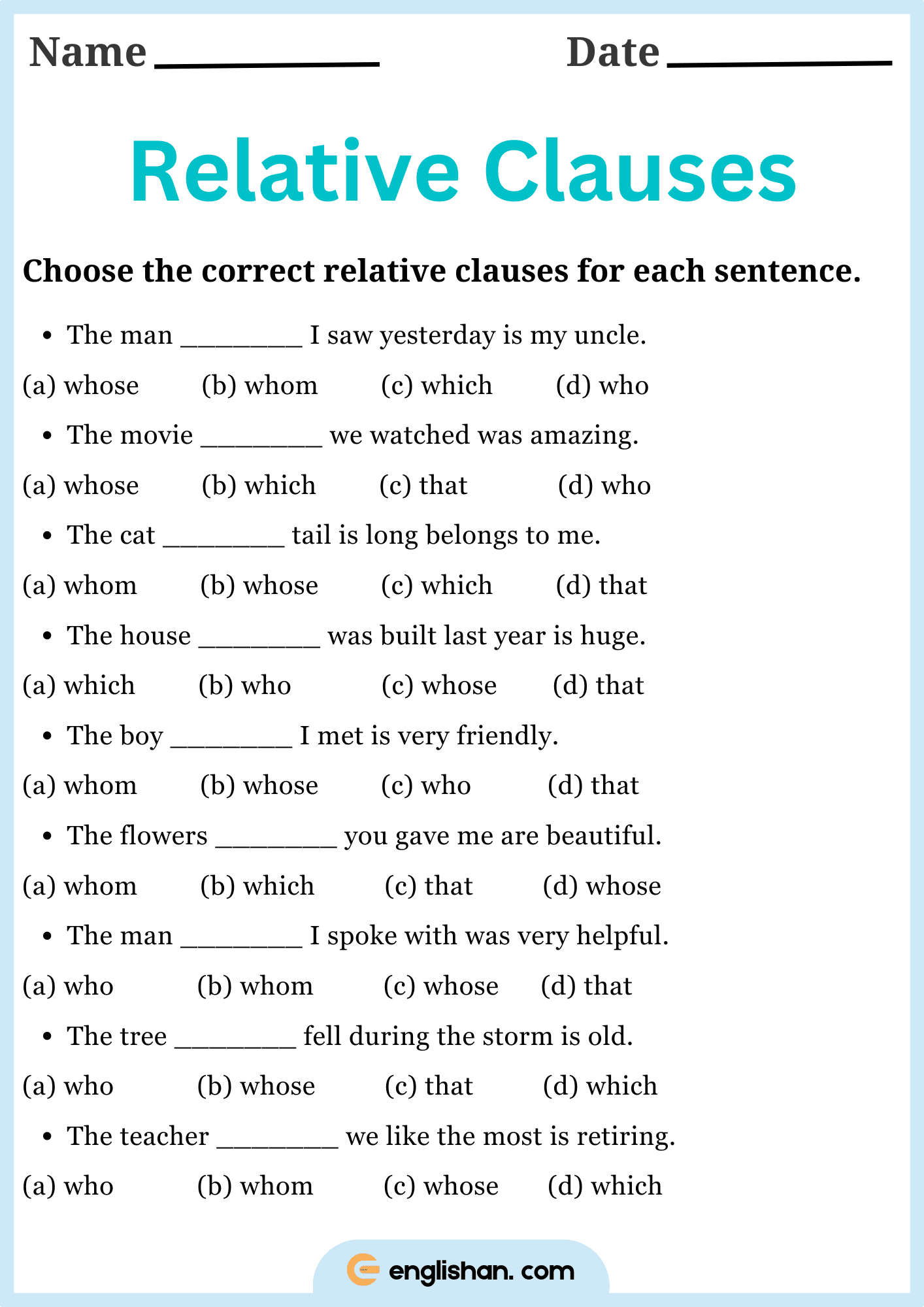 choose the correct relative clauses for each sentence worksheet