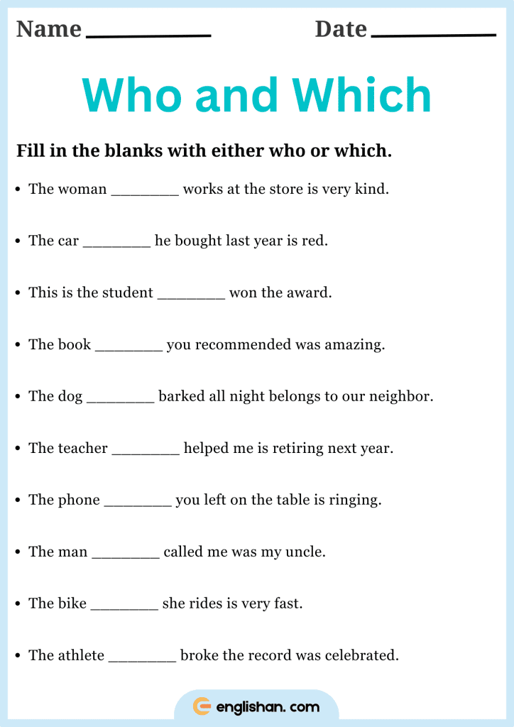 Fill in the blanks with either who or which worksheet